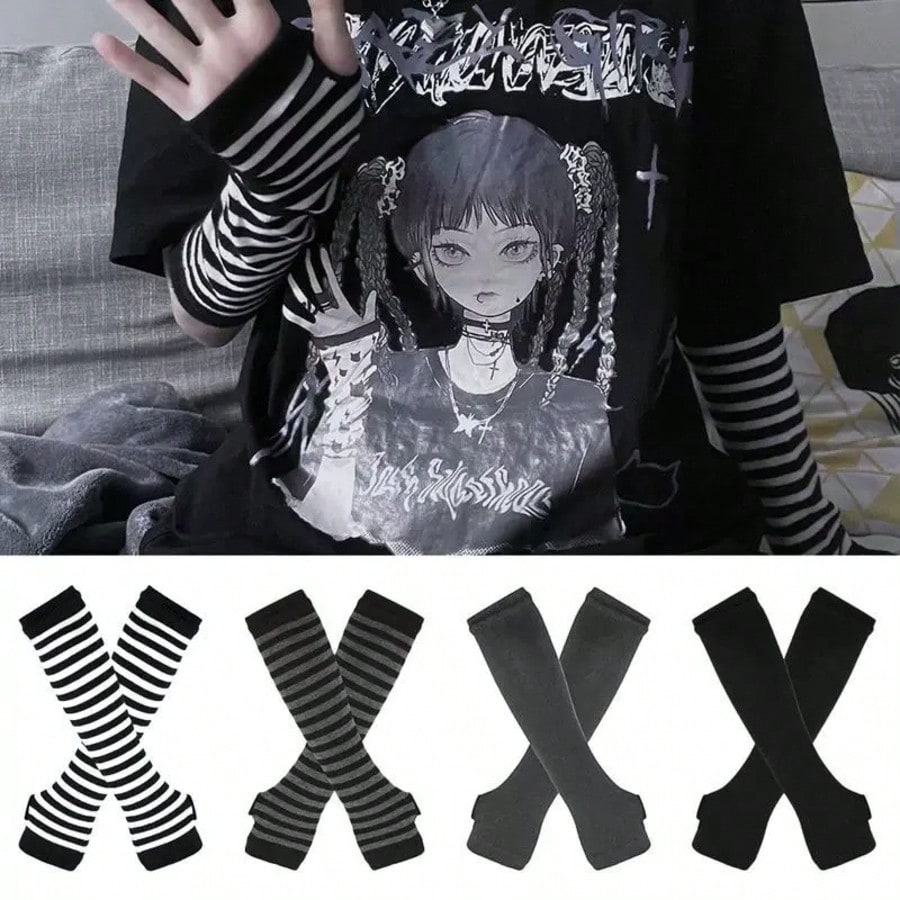 1 Pair Y2K Punk Striped Knitte – Fingerless Glove Knit Bewertung und Preis